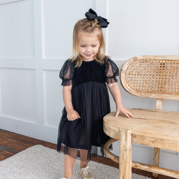 Black Tulle & Velvet Puff Sleeves Gathered Dress – Premium Party Dress for Babies, Toddlers & Girls