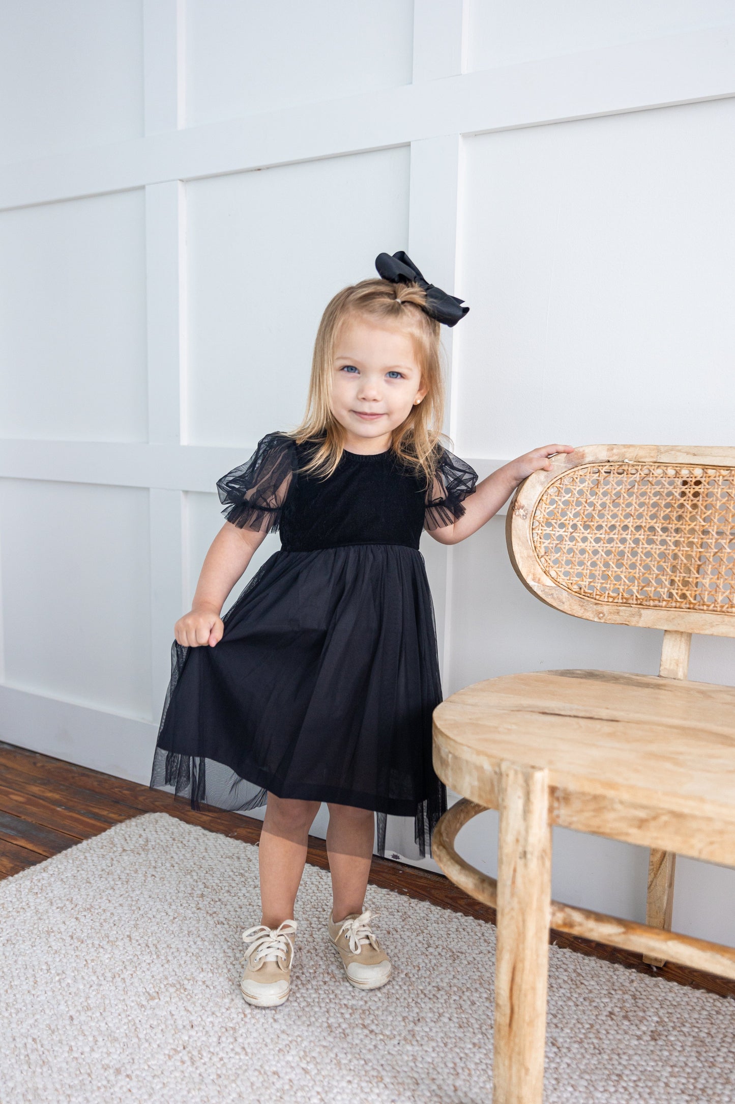 Black Tulle Solid Color Puff Sleeves Gathered Dress dress & diaper cover DRESS Yo Baby India 