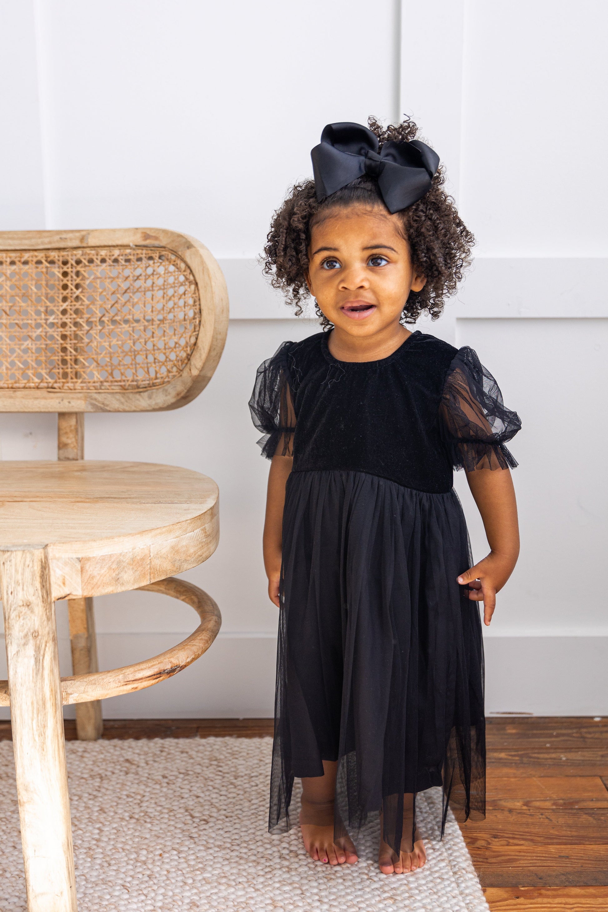 Black Tulle Solid Color Puff Sleeves Gathered Dress dress & diaper cover DRESS Yo Baby India 