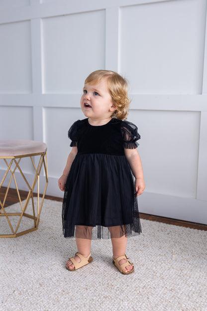 Black Tulle Solid Color Puff Sleeves Gathered Dress dress & diaper cover DRESS Yo Baby India 