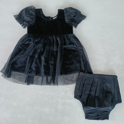 Black Tulle Solid Color Puff Sleeves Gathered Dress dress & diaper cover DRESS Yo Baby India 