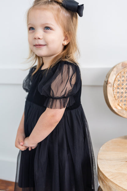 Black Tulle Solid Color Puff Sleeves Gathered Dress dress & diaper cover DRESS Yo Baby India 