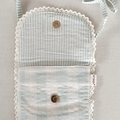 Kids' Blue Checks & Stripe Cotton Small Tote Bag with Magnetic Closure & Lace Detailing – Cute Shoulder Sling for Girls