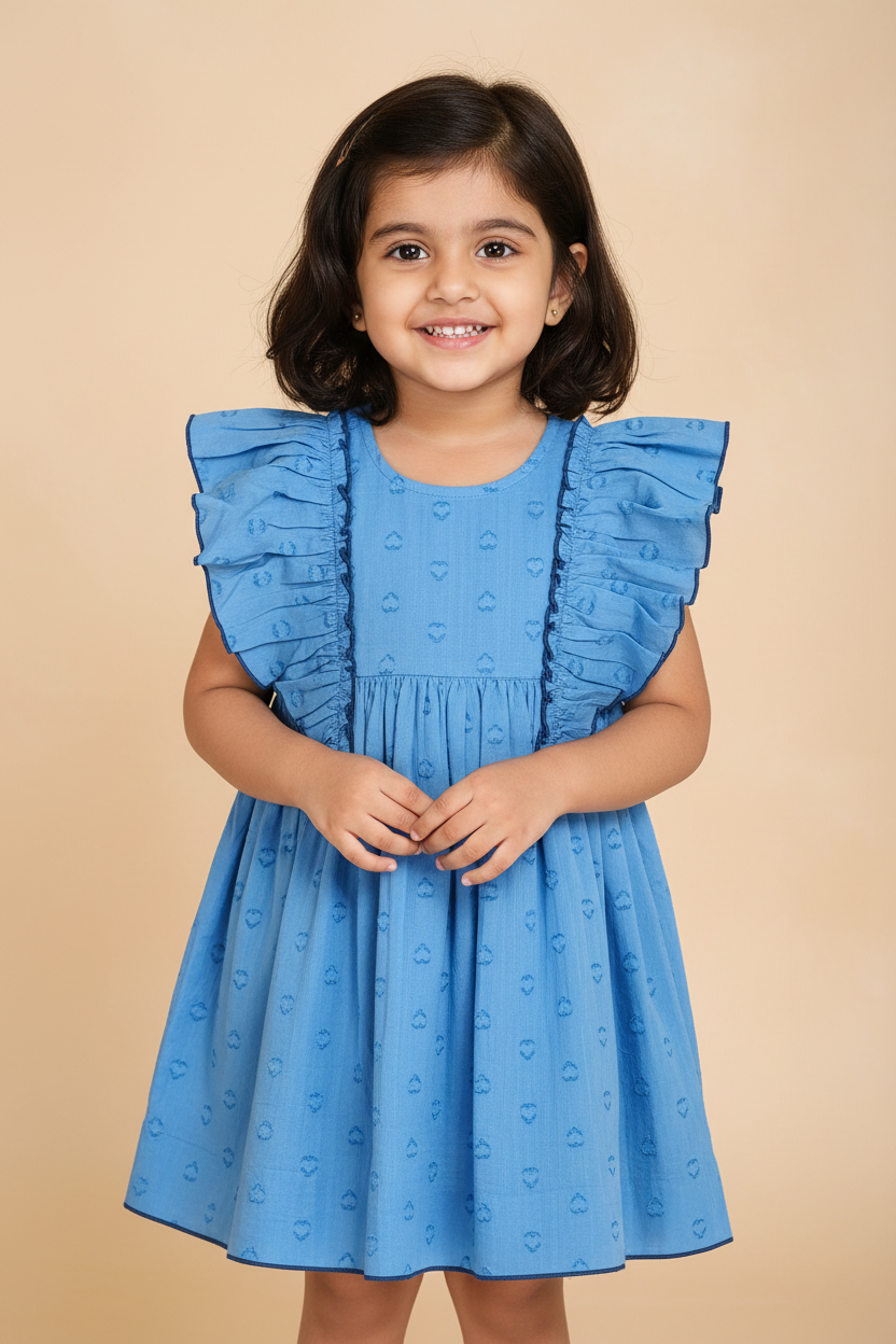 Blue Heart Dobby Kids' Dress with Cap Sleeves and Waist Gathers