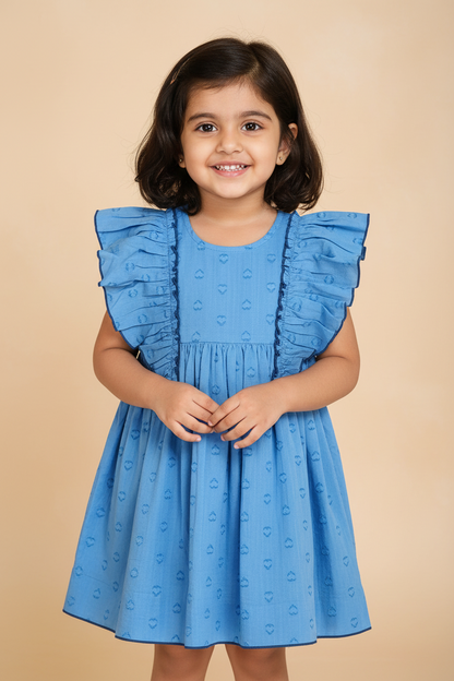 Blue Heart Dobby Kids' Dress with Cap Sleeves and Waist Gathers