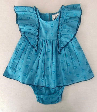 Blue Heart Dobby Kids' Dress with Cap Sleeves and Waist Gathers DRESS Yo Baby India 