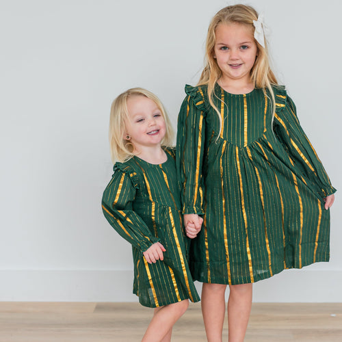 Bottle Green Solid Color Gold Lurex Long Sleeve Gathered Dress – 100% Cotton Shell & Lining | Coconut Shell Buttons & Infant Bloomer Included