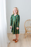 Bottle Green Solid Color Gold Lurex Long Sleeve Gathered Dress dress & diaper cover Yo Baby India 