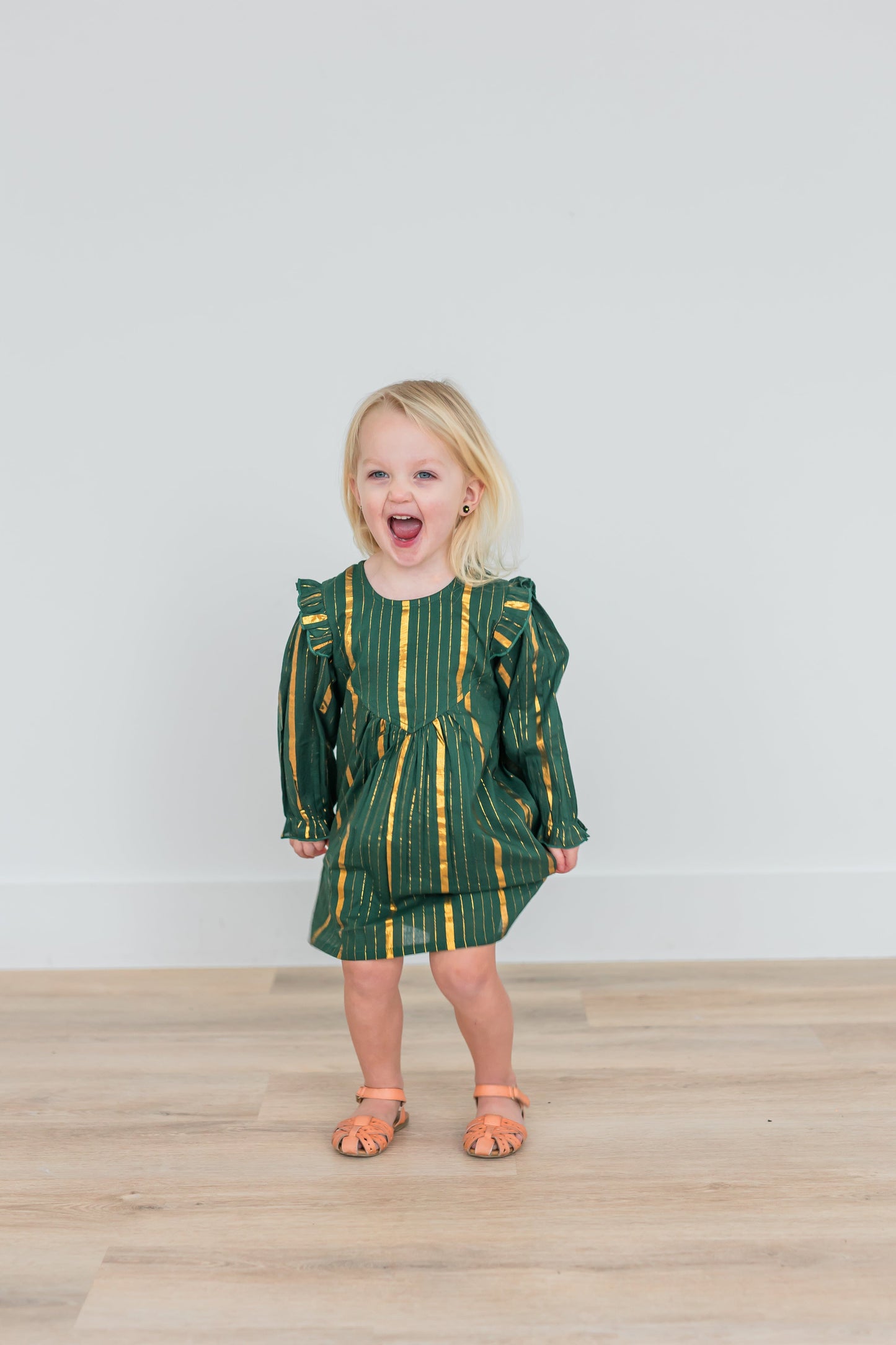 Bottle Green Solid Color Gold Lurex Long Sleeve Gathered Dress dress & diaper cover Yo Baby India 