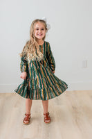 Bottle Green Solid Color Multi Lurex Tiered Long Sleeve Dress Dress Yo Baby India 