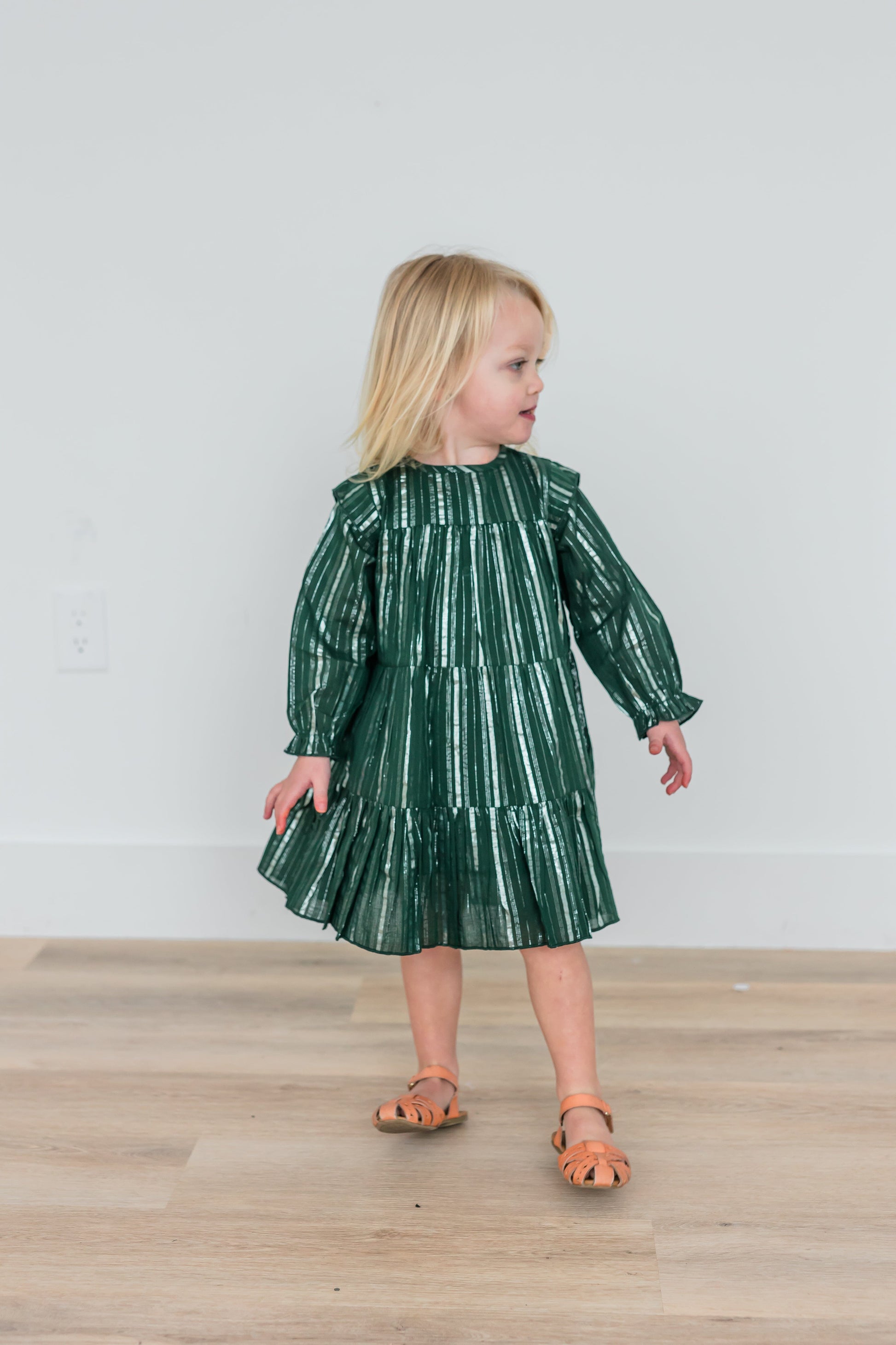 Bottle Green Solid Color Silver Lurex Tiered Long Sleeve Dress dress & diaper cover Yo Baby India 