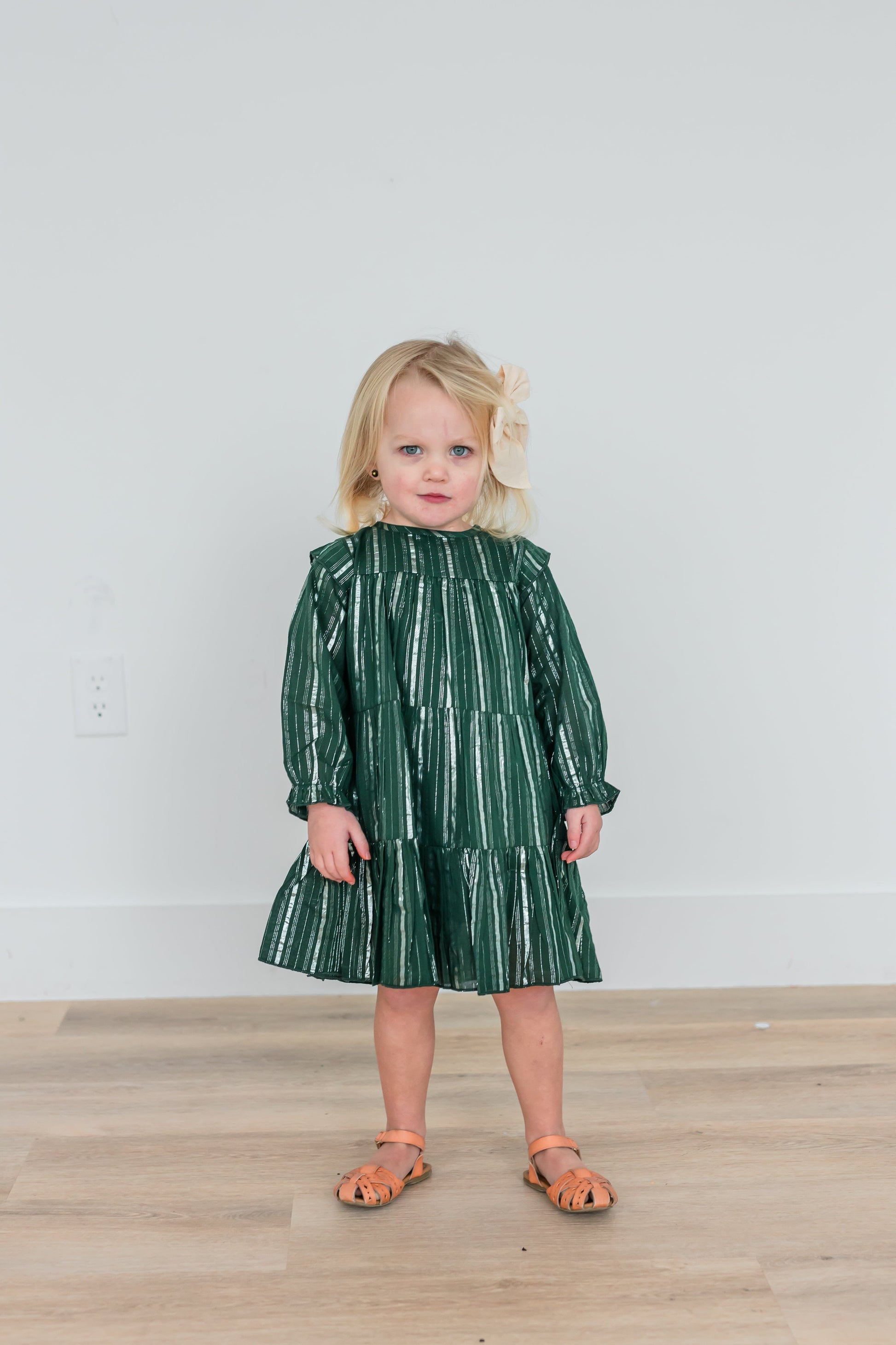 Bottle Green Solid Color Silver Lurex Tiered Long Sleeve Dress dress & diaper cover Yo Baby India 