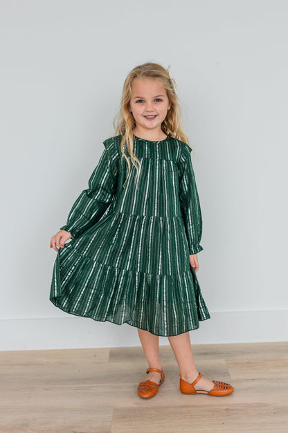 Bottle Green Solid Color Silver Lurex Tiered Long Sleeve Dress dress & diaper cover Yo Baby India 