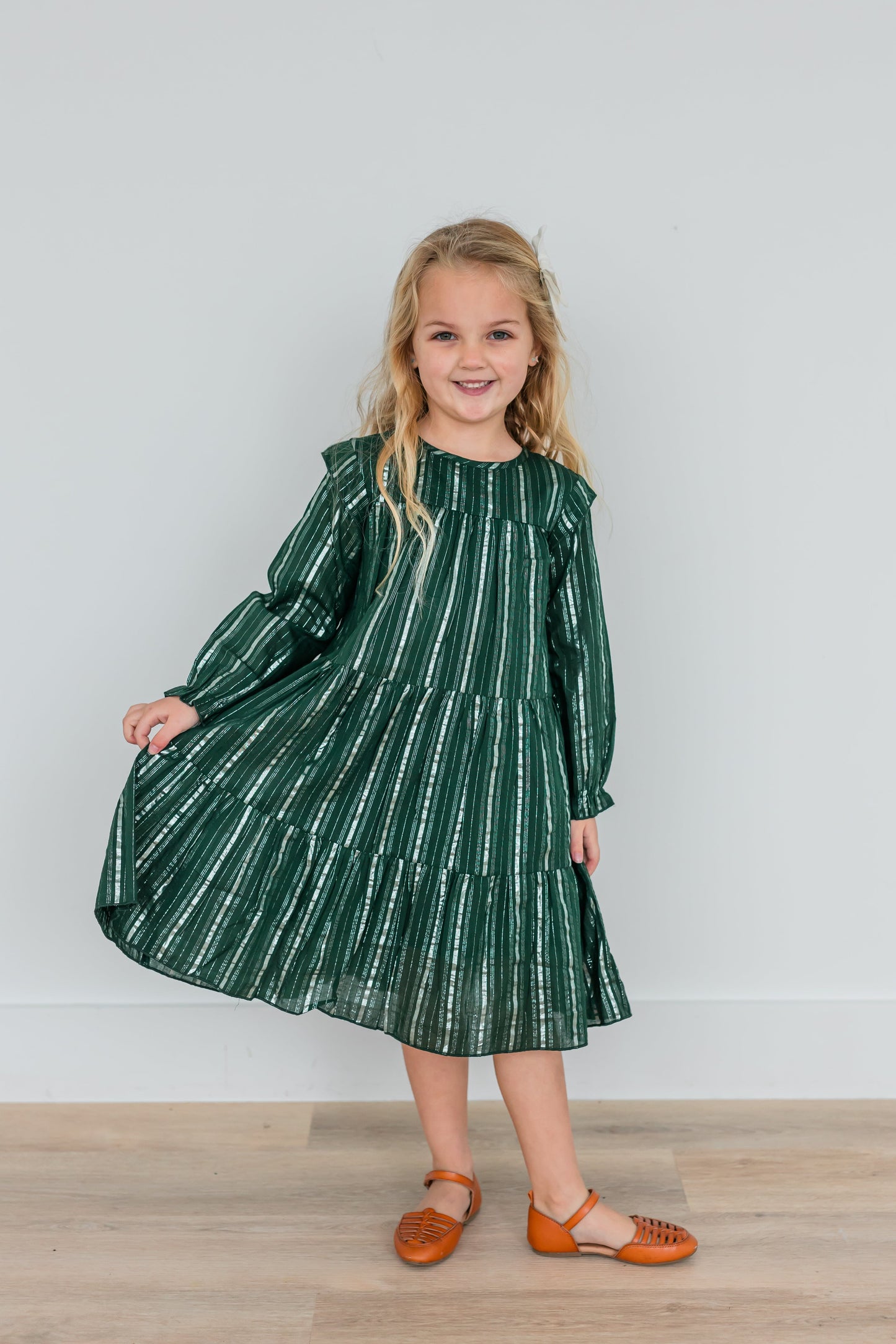 Bottle Green Solid Color Silver Lurex Tiered Long Sleeve Dress dress & diaper cover Yo Baby India 