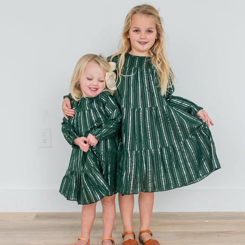 Bottle Green Tiered Long Sleeve Dress – 100% Cotton Shell & Lining | Silver Lurex Detail, Coconut Shell Buttons & Infant Bloomer
