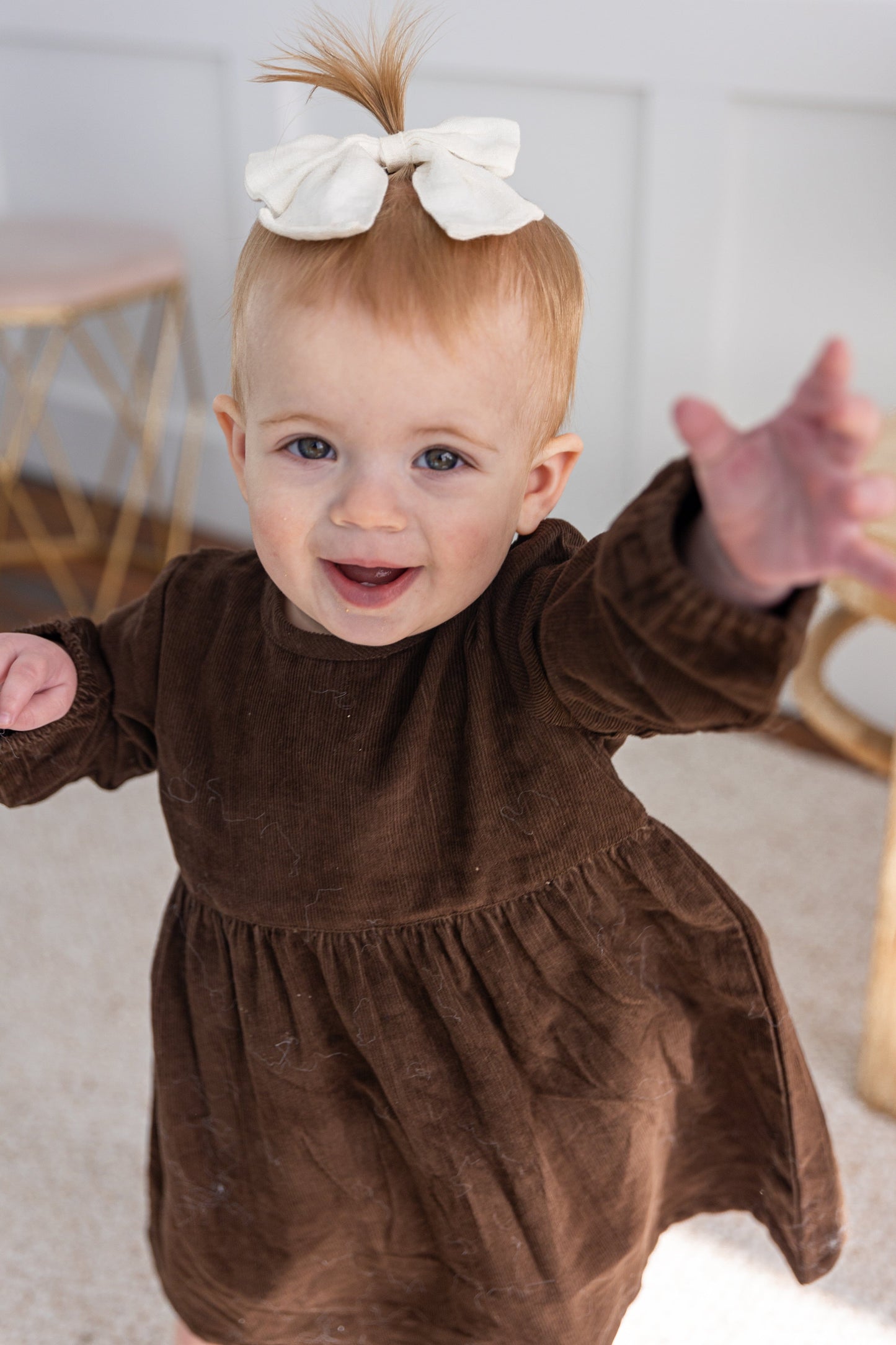 Brown Corduroy Solid Color Long Sleeves Gathered Dress dress & diaper cover DRESS Yo Baby India 