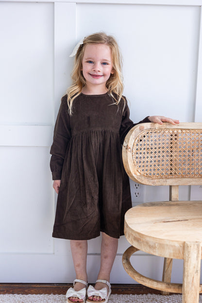 Brown Corduroy Solid Color Long Sleeves Gathered Dress dress & diaper cover DRESS Yo Baby India 