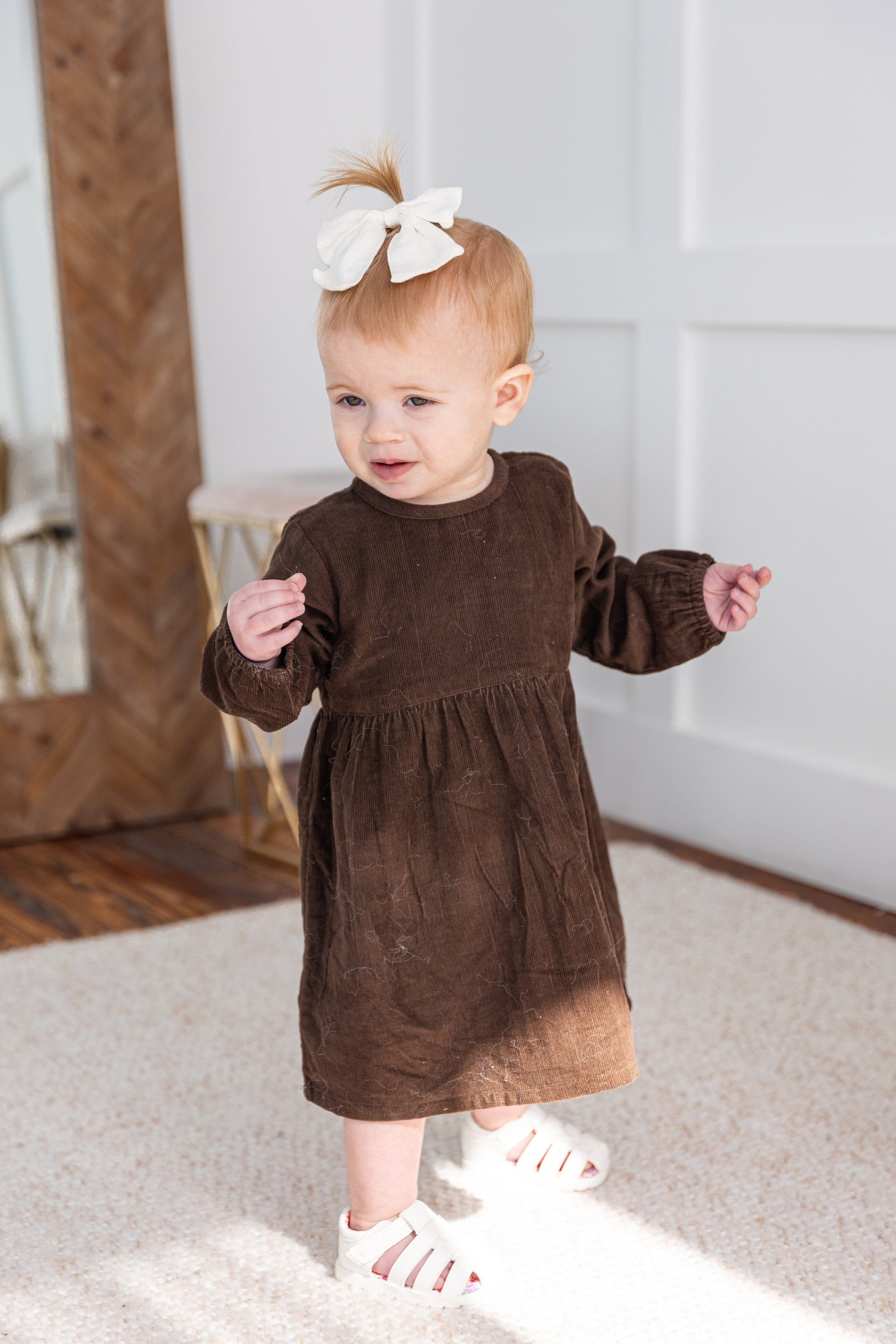 Brown Corduroy Solid Color Long Sleeves Gathered Dress dress & diaper cover DRESS Yo Baby India 