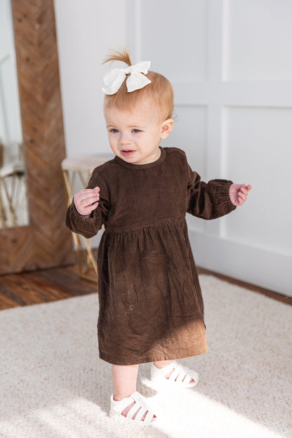 Brown Corduroy Solid Color Long Sleeves Gathered Dress dress & diaper cover DRESS Yo Baby India 