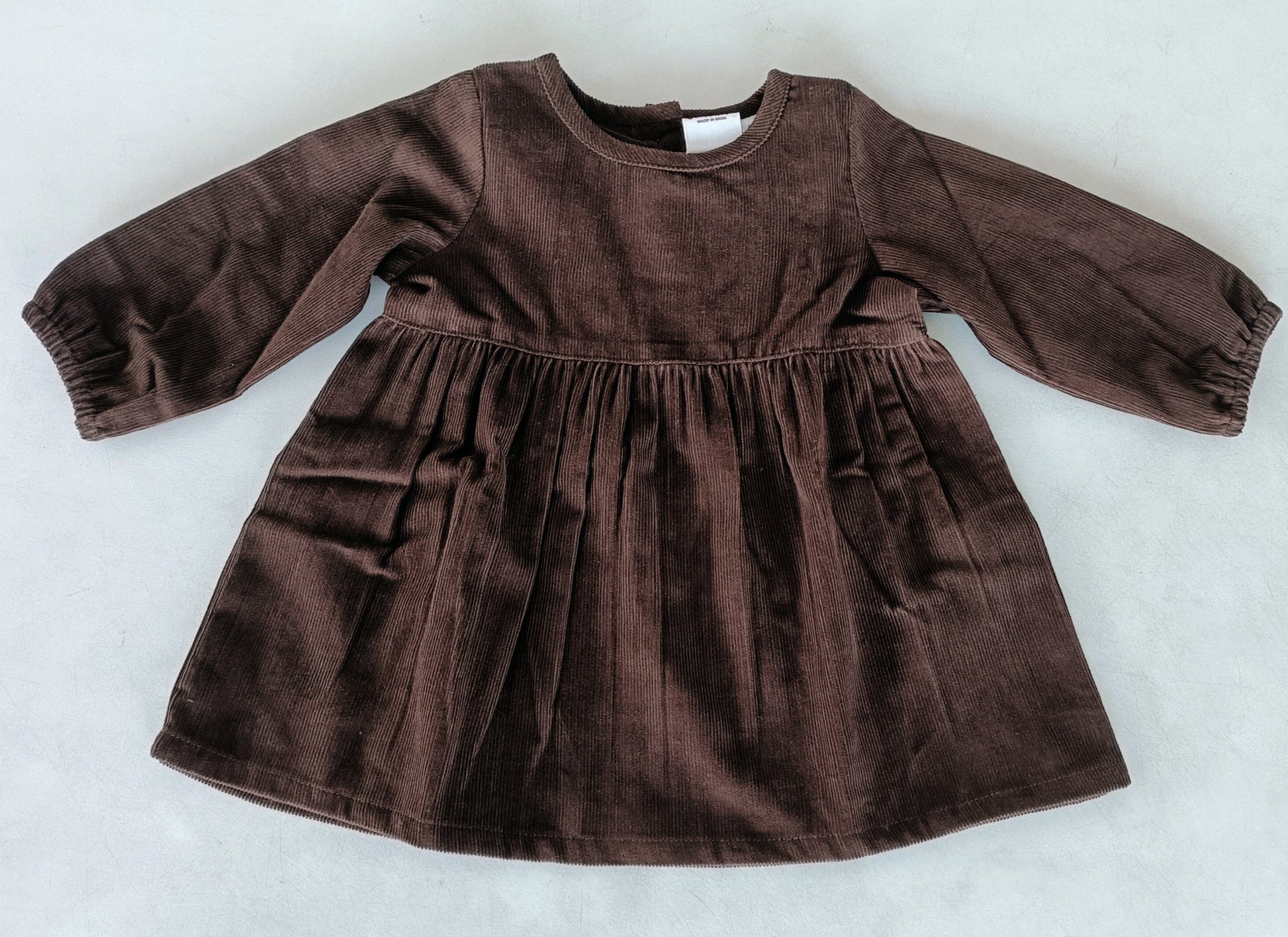 Brown Corduroy Solid Color Long Sleeves Gathered Dress dress & diaper cover DRESS Yo Baby India 