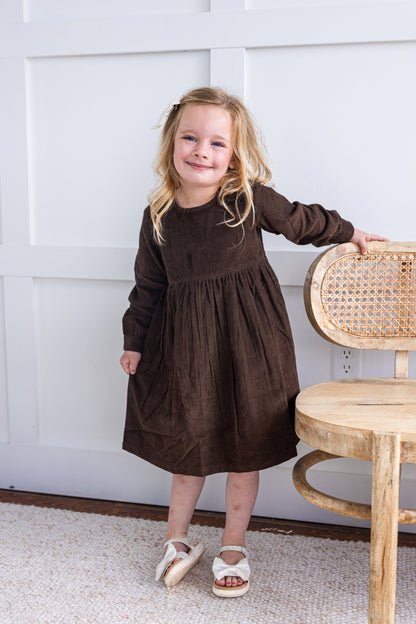 Brown Corduroy Solid Color Long Sleeves Gathered Dress dress & diaper cover DRESS Yo Baby India 