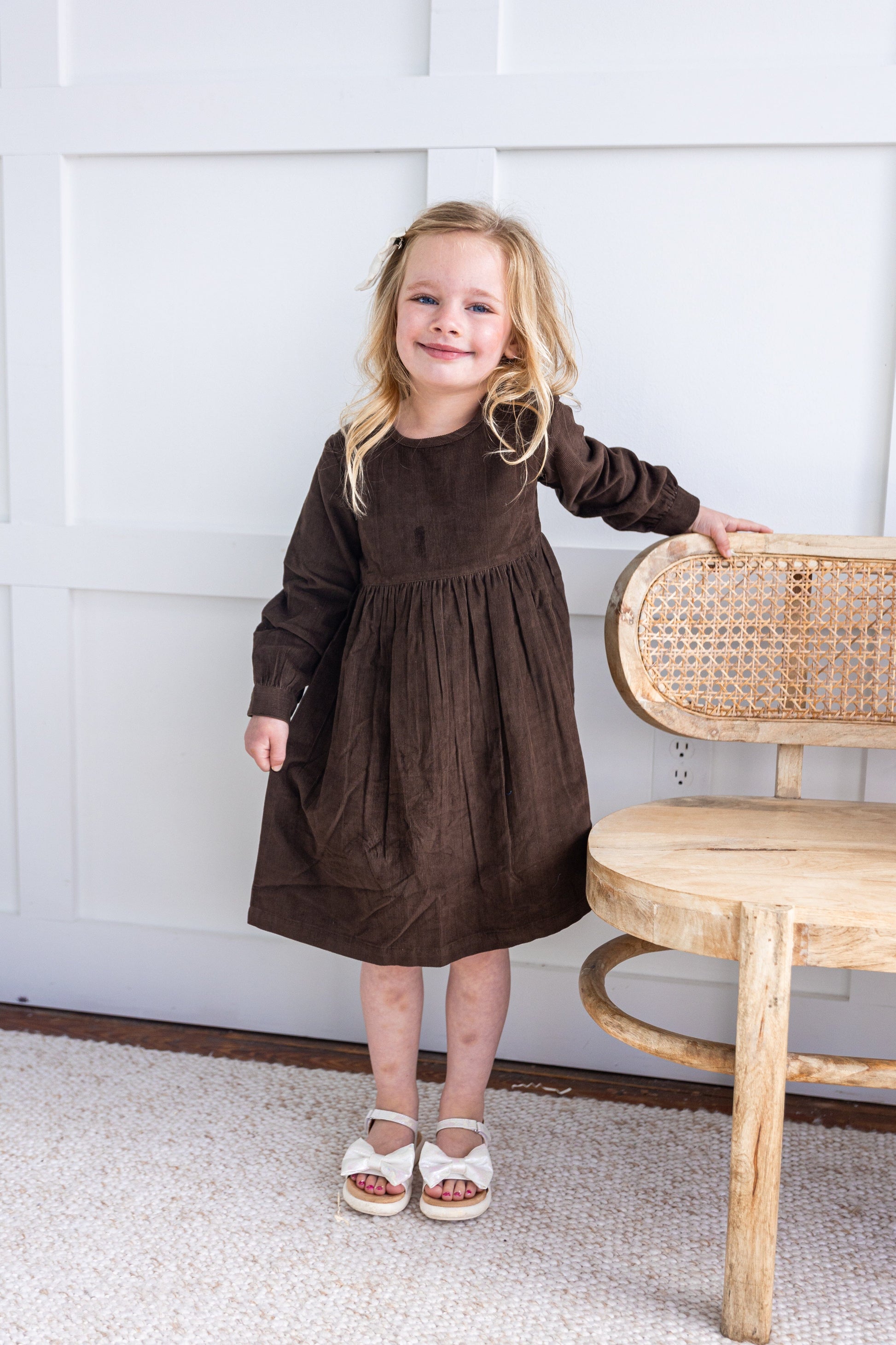 Brown Corduroy Solid Color Long Sleeves Gathered Dress dress & diaper cover DRESS Yo Baby India 