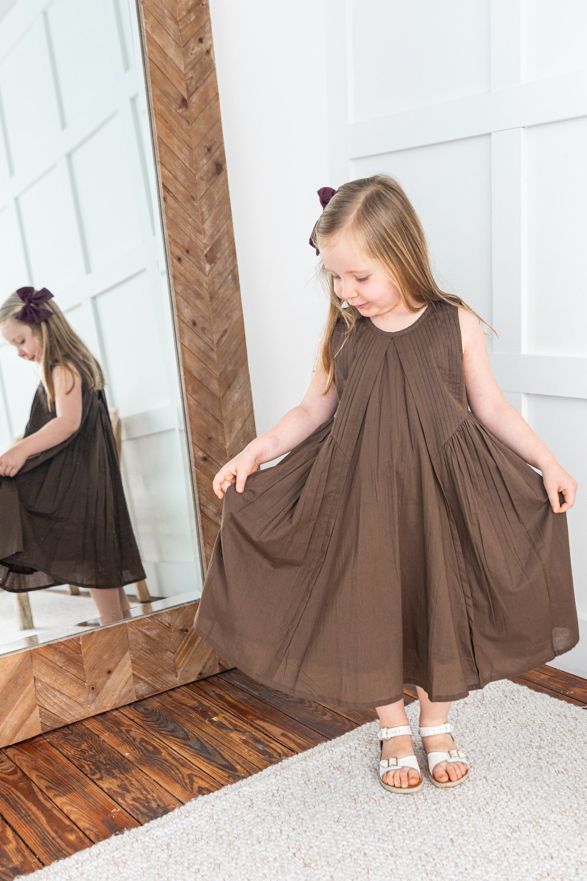 Brown Solid Color Pintuck Gathered Dress dress & diaper cover Yo Baby India 