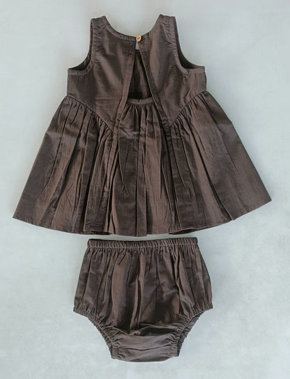 Brown Solid Color Pintuck Gathered Dress dress & diaper cover Yo Baby India 