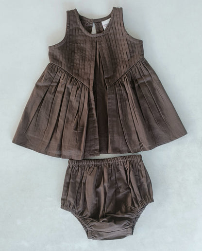 Brown Solid Color Pintuck Gathered Dress dress & diaper cover Yo Baby India 