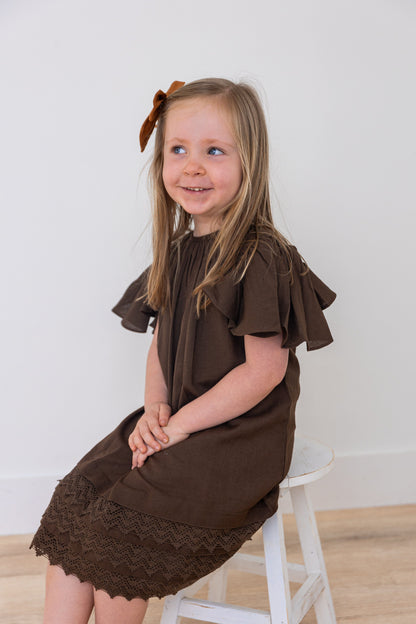 Brown Solid Color Sleeve & Neck Gathered Dress dress & diaper cover DRESS Yo Baby India 