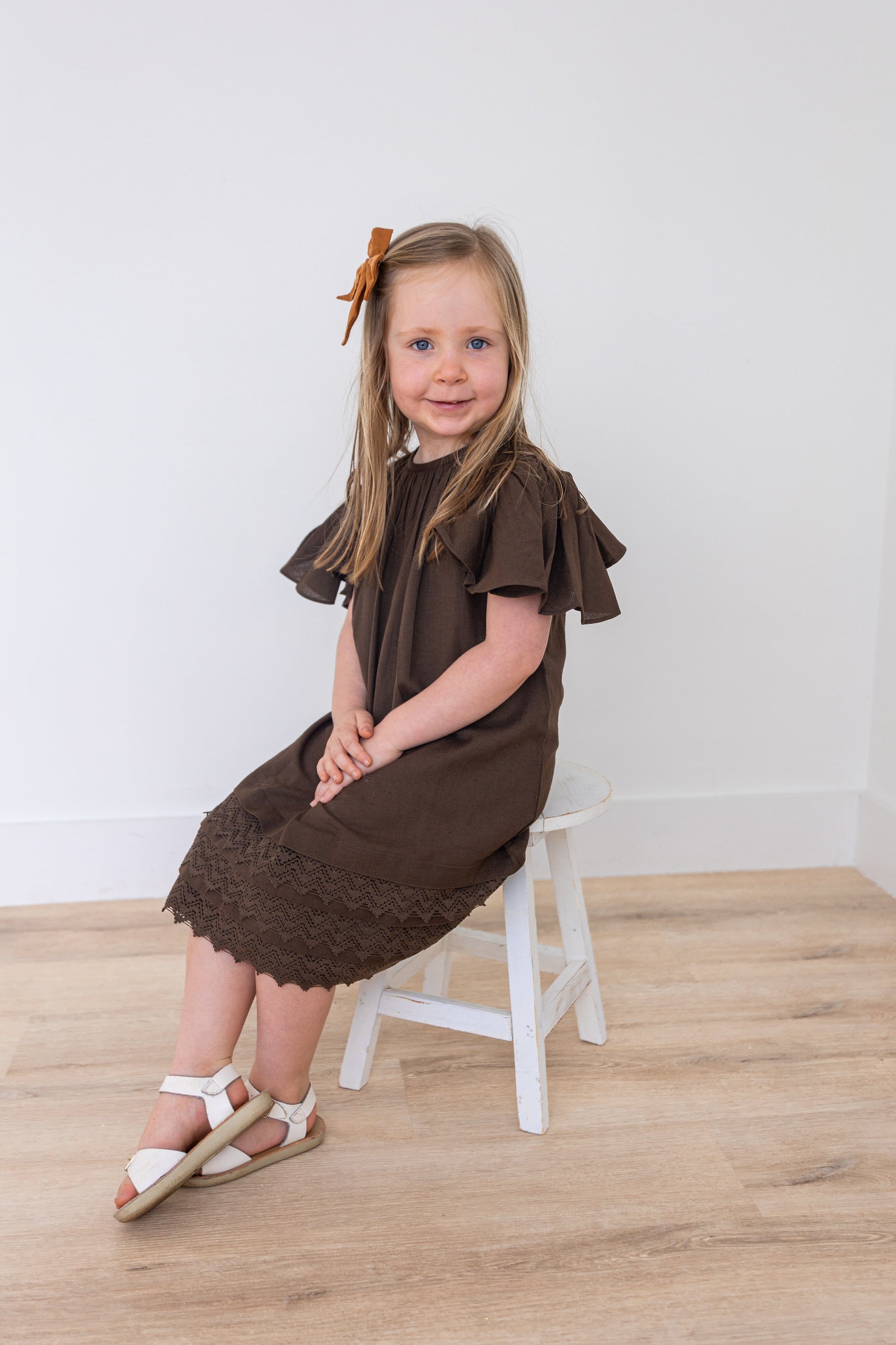 Brown Solid Color Sleeve & Neck Gathered Dress dress & diaper cover DRESS Yo Baby India 