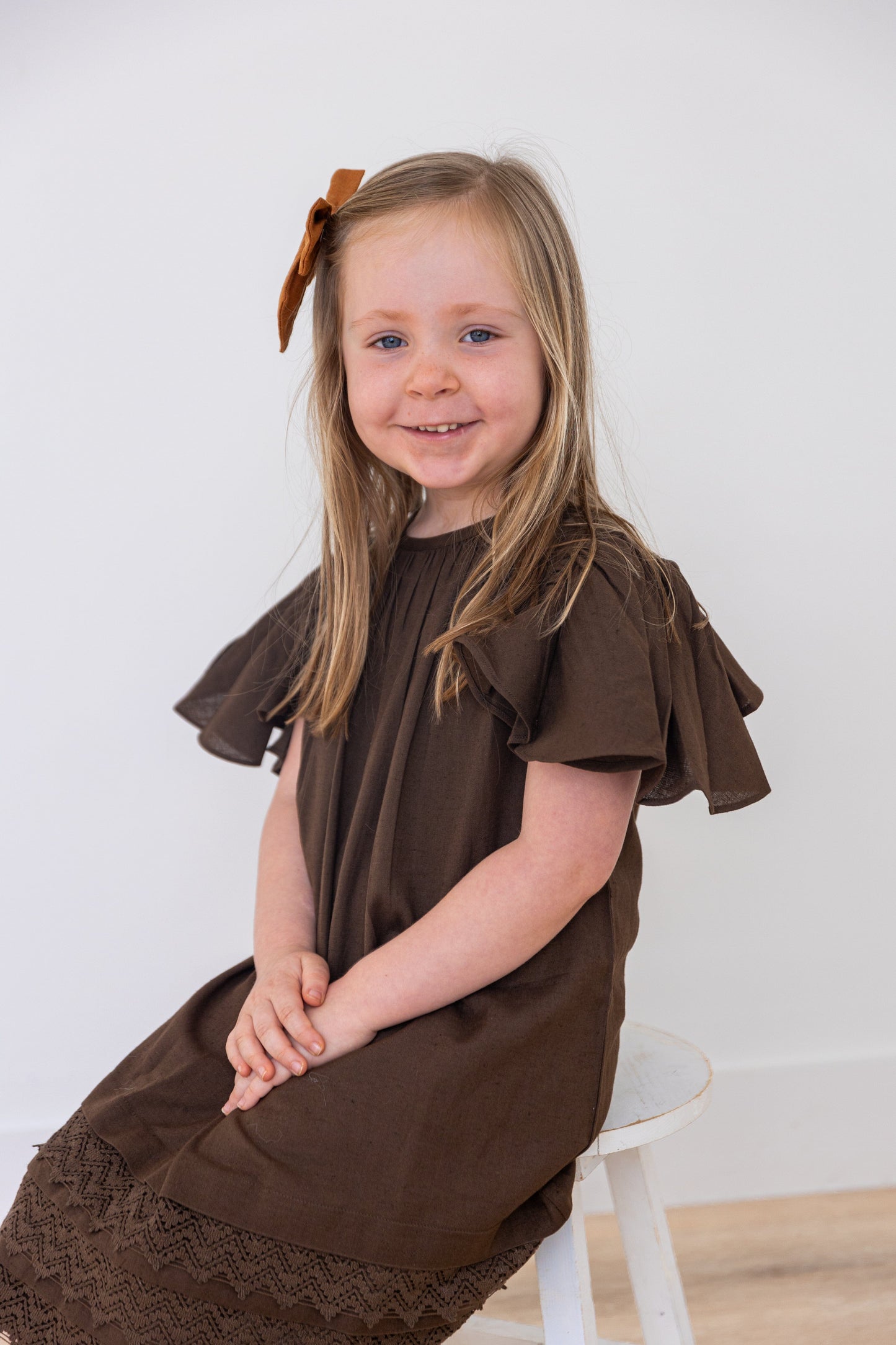 Brown Solid Color Sleeve & Neck Gathered Dress dress & diaper cover DRESS Yo Baby India 