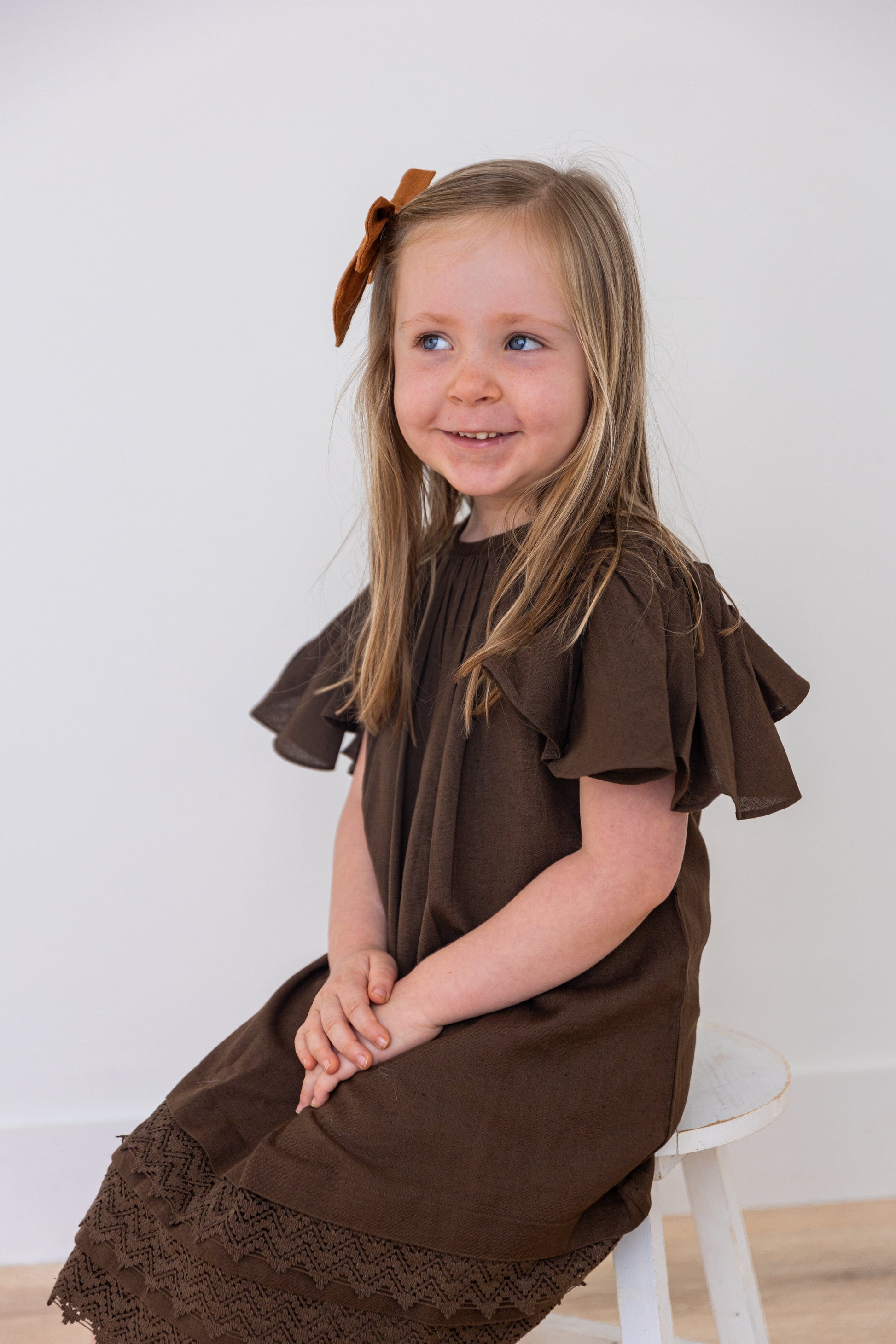 Brown Solid Color Sleeve & Neck Gathered Dress dress & diaper cover DRESS Yo Baby India 