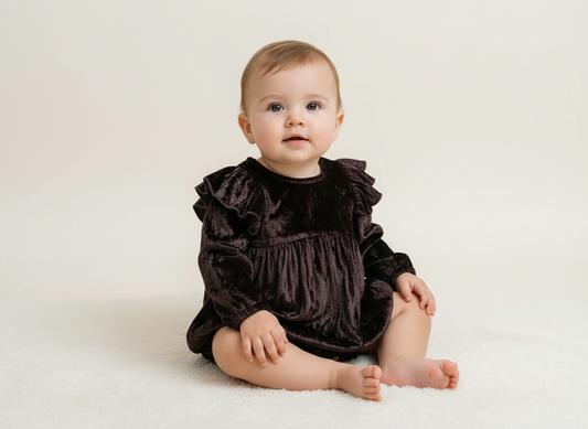 Brown Viscose Velvet Full Sleeves Ruffle Romper