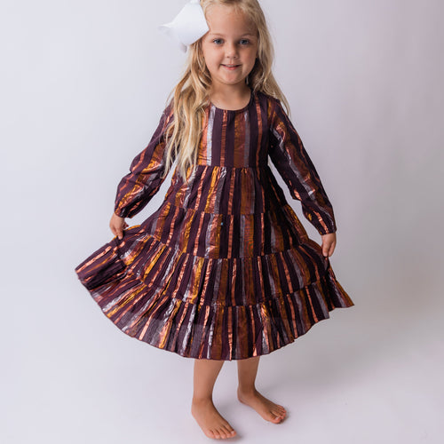 Burgundy Multi Lurex Tiered Long Sleeve Dress – 100% Cotton Shell & Lining | Coconut Shell Buttons & Infant Bloomer Included