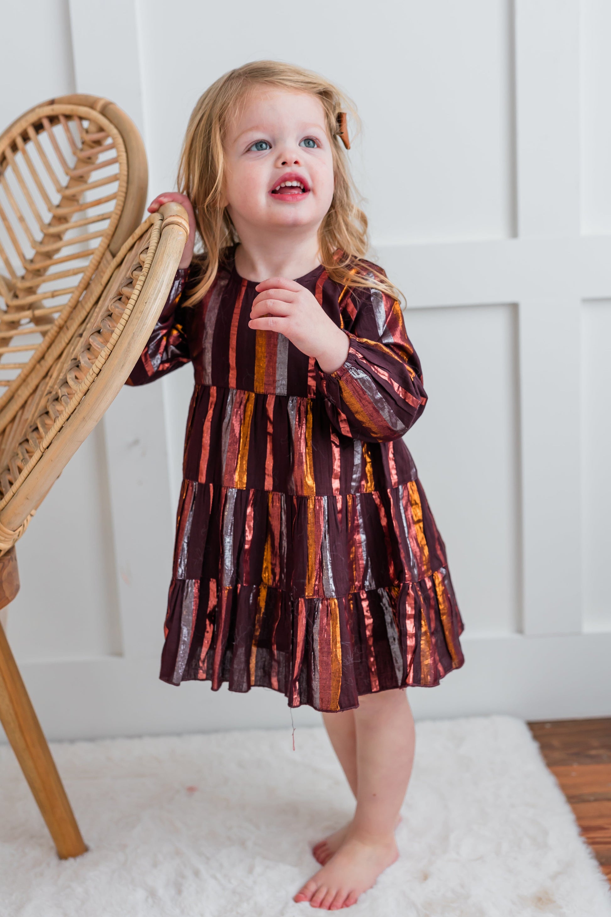 Burgundy Solid Color Multi Lurex Tiered Long Sleeve Dress dress & diaper cover, DRESS Yo Baby India 