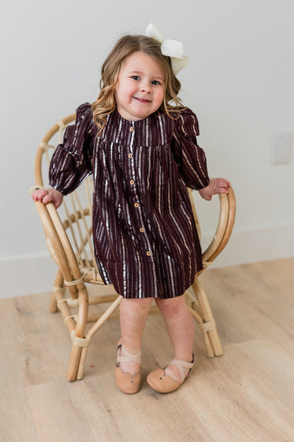 Burgundy Solid Color Silver Lurex Gathered Long Sleeve Dress dress & diaper cover Yo Baby India 