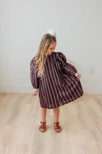 Burgundy Solid Color Silver Lurex Gathered Long Sleeve Dress dress & diaper cover Yo Baby India 