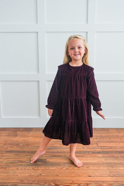 Burgundy Solid Tiered Long Sleeve Dress – 100% Viscose Velvet Baby Girl Dress with Matching Big Sister Outfit