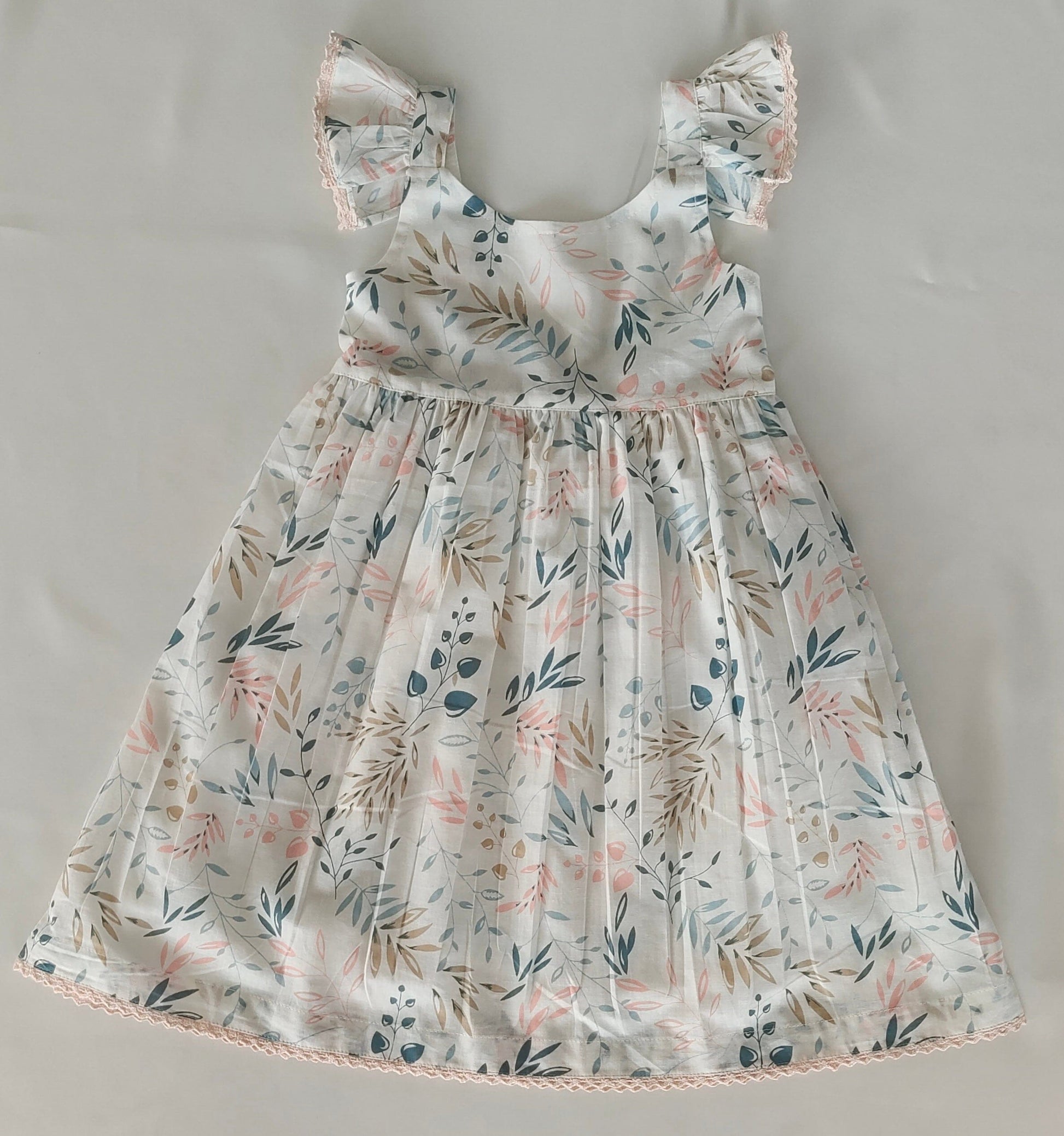 Charming Kids' White Dress with Light Pink Leaf Print and Lace Detailing DRESS Yo Baby India 