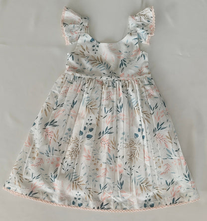 Charming Kids' White Dress with Light Pink Leaf Print and Lace Detailing DRESS Yo Baby India 