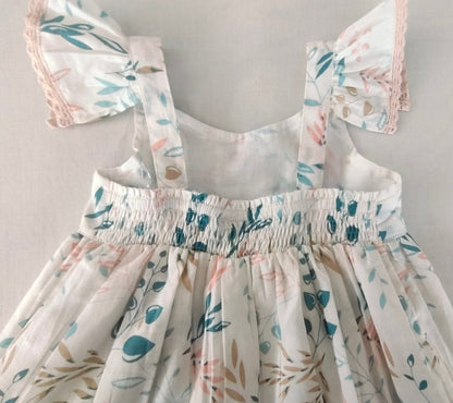 Charming Kids' White Dress with Light Pink Leaf Print and Lace Detailing DRESS Yo Baby India 