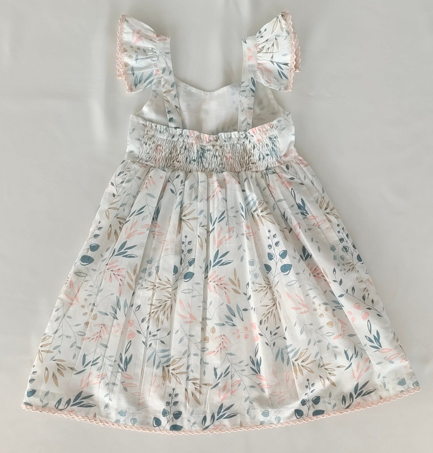 Charming Kids' White Dress with Light Pink Leaf Print and Lace Detailing DRESS Yo Baby India 