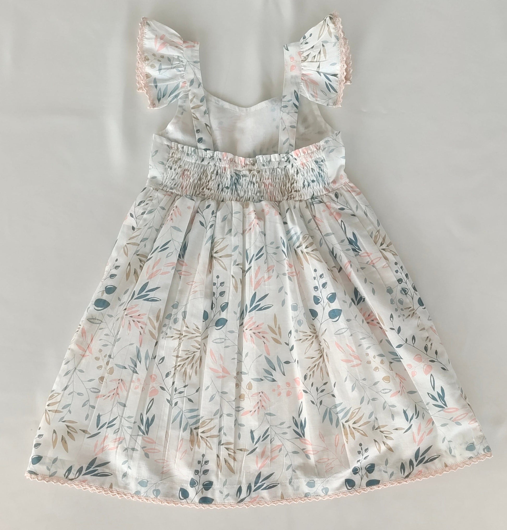 Charming Kids' White Dress with Light Pink Leaf Print and Lace Detailing DRESS Yo Baby India 