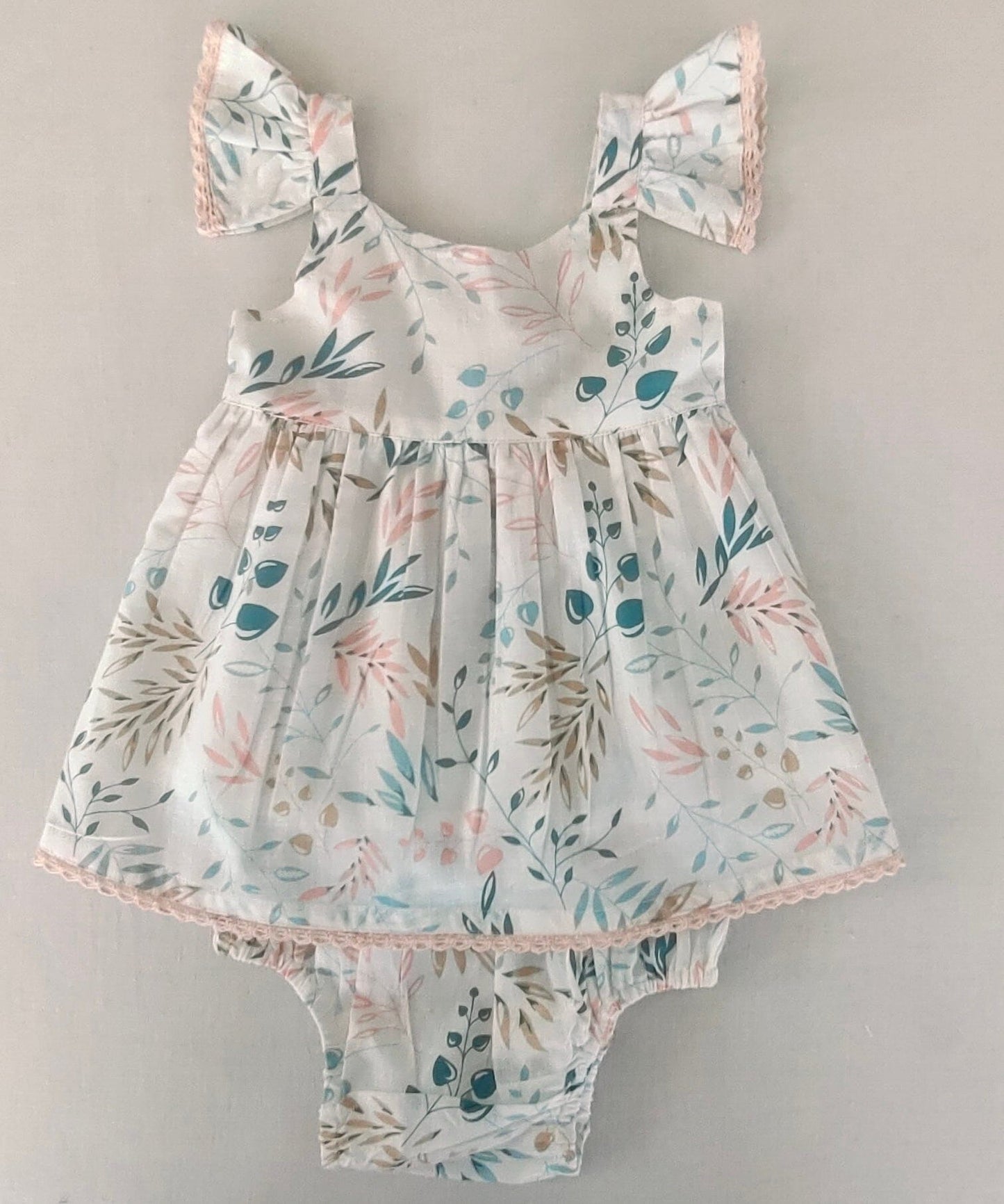 Charming Kids' White Dress with Light Pink Leaf Print and Lace Detailing DRESS Yo Baby India 