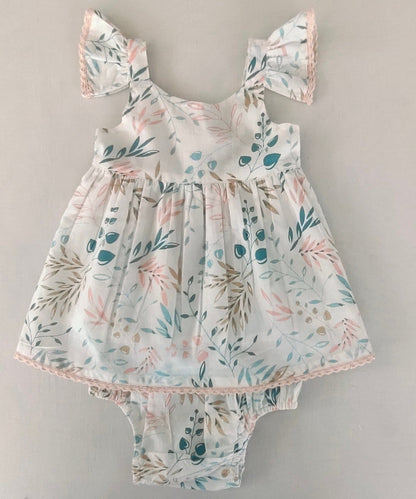 Charming Kids' White Dress with Light Pink Leaf Print and Lace Detailing DRESS Yo Baby India 