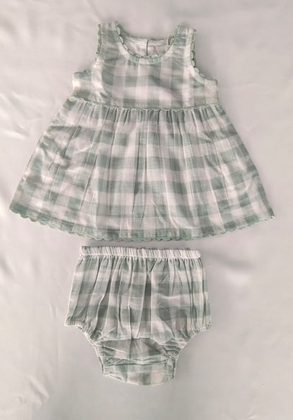 Charming Sage Checks Fit &amp; Flare Dress with Lace Finish dress & diaper cover Yo Baby India 