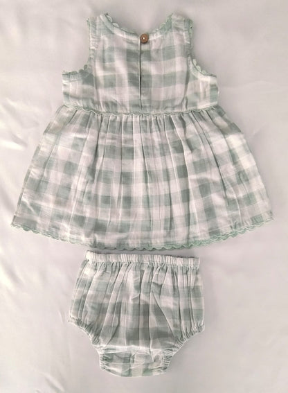 Charming Sage Checks Fit &amp; Flare Dress with Lace Finish dress & diaper cover Yo Baby India 
