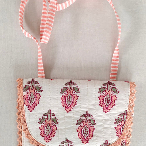 Kids' Coral Booti & Stripe Cotton Sling Bag with Magnetic Closure & Lace Detailing – Small Crossbody Tote for Girls