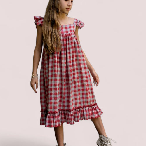Cotton Red Checked Ruffled Sleeve Dress for Infants, Toddlers & Tweens – Soft & Comfortable